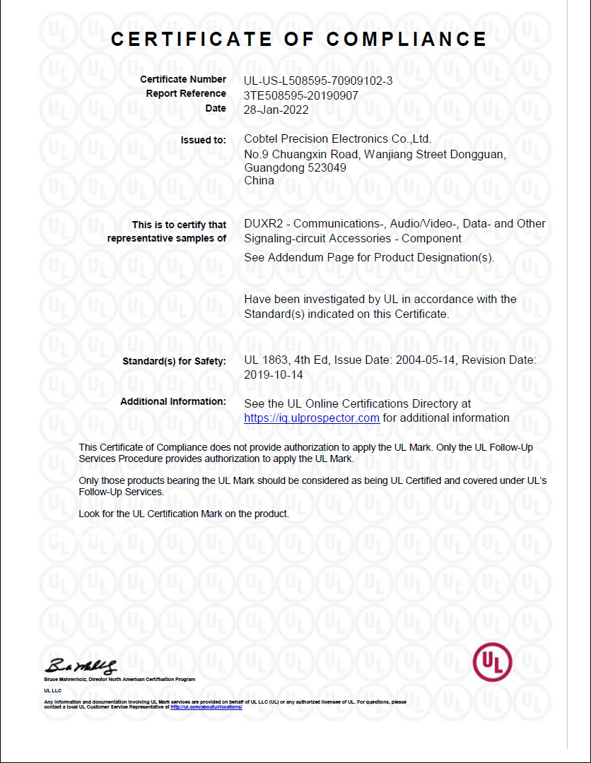 RJ45 Connector UL Certificate
