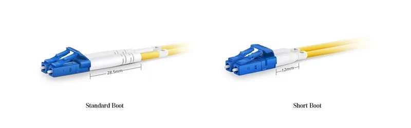 short-tail boot LC patch cords feature a 12mm short-tail boot design that reduces connector length by 30%, making cabling more flexible compared with regular LC patch cords. They are well-suited for tight spaces like the Main Distribution Area (MDA) and Equipment Distribution Area (EDA) short-tail boot LC patch cords feature a 12mm short-tail boot design that reduces connector length by 30%, making cabling more flexible compared with regular LC patch cords. They are well-suited for tight spaces like the Main Distribution Area (MDA) and Equipment Distribution Area (EDA)