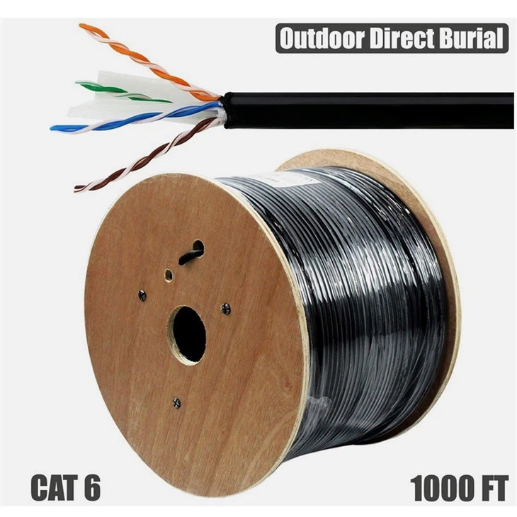 Cat6 al aire libre Cable sólido Cable puro Cobre 23awg Black PE Jacket 305m tambor.