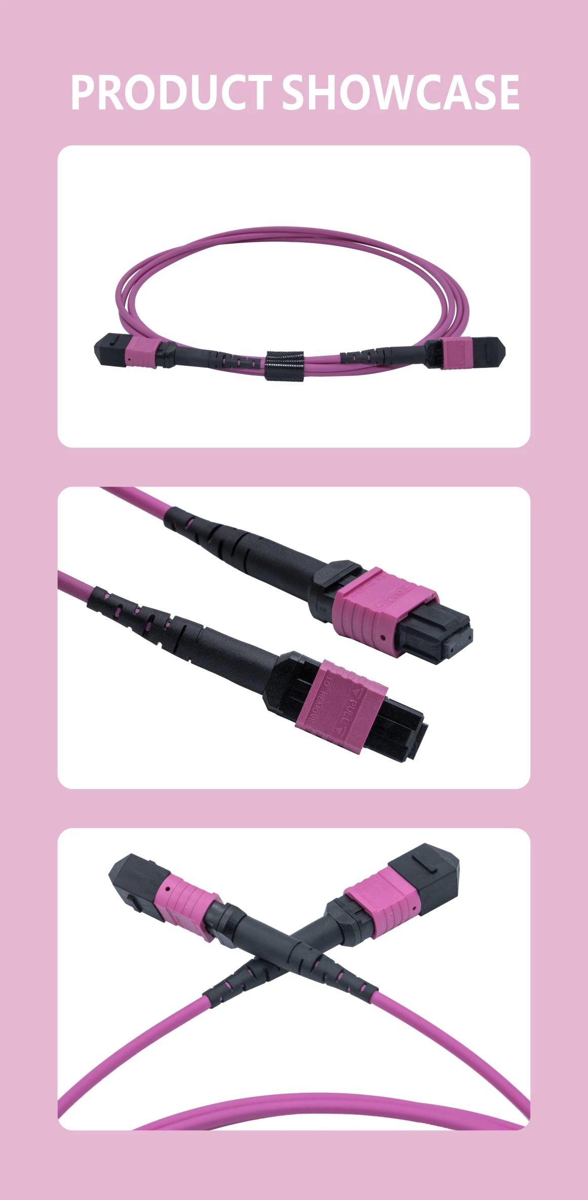 Demonstration of the flexible, bend-insensitive 3m OM4 MPO fiber cable routed through tight data center cable management trays without signal degradation. Demonstration of the flexible, bend-insensitive 3m OM4 MPO fiber cable routed through tight data center cable management trays without signal degradation.