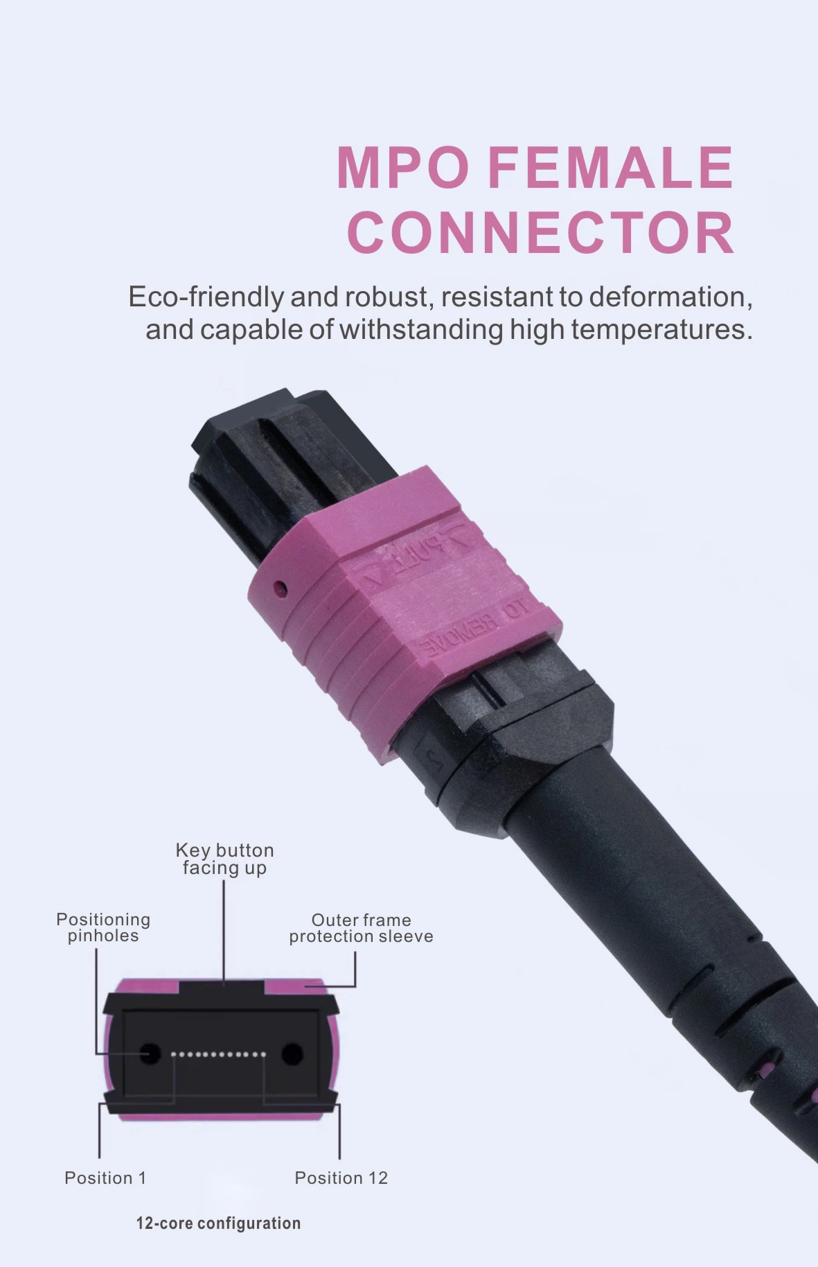 Side profile of the MPO fiber connector featuring a reinforced strain relief boot and easy-grip push-pull housing for secure high-density patching. Side profile of the MPO fiber connector featuring a reinforced strain relief boot and easy-grip push-pull housing for secure high-density patching.