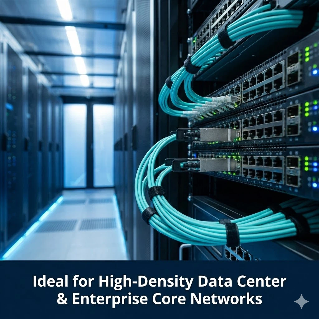 Cyan 40G QSFP+ AOC cable plugged into a network switch in a high-density data center rack environment showing neat cable management. Cyan 40G QSFP+ AOC cable plugged into a network switch in a high-density data center rack environment showing neat cable management.
