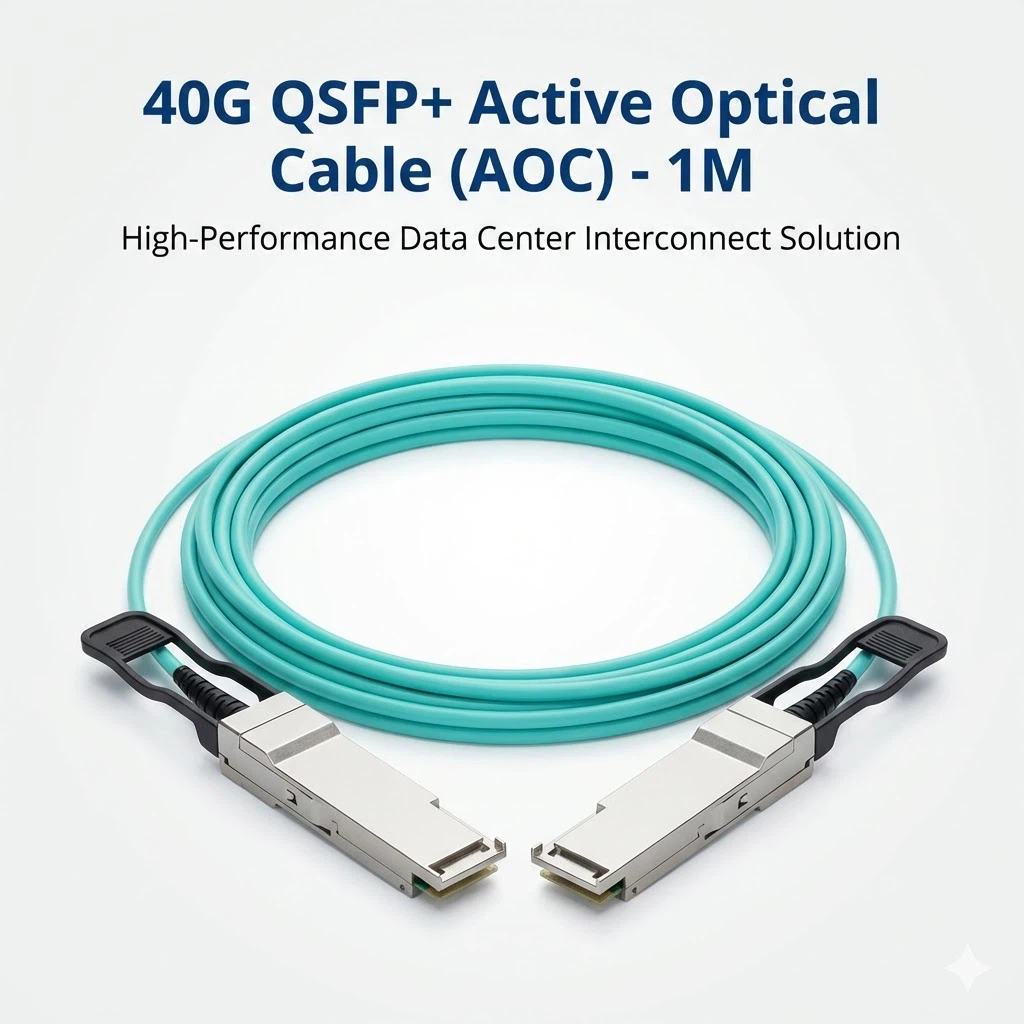Full view of 40G QSFP+ AOC Active Optical Cable 1M with cyan fiber and silver connectors for data center interconnect. Full view of 40G QSFP+ AOC Active Optical Cable 1M with cyan fiber and silver connectors for data center interconnect.